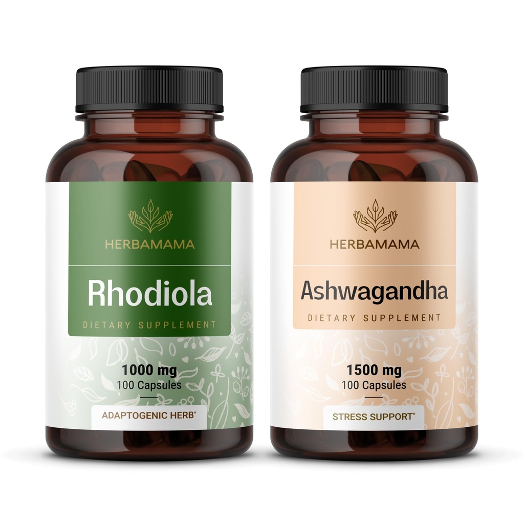 HERBAMA Rhodiola Rosea in Ashwagandha Kit - paket 1000 mg Rhodiola Rosea Kapsule & 1500 mg Ashwagandha Root Kapsule - veganske, ne-GMO, želatina-free - 2 pakiranji