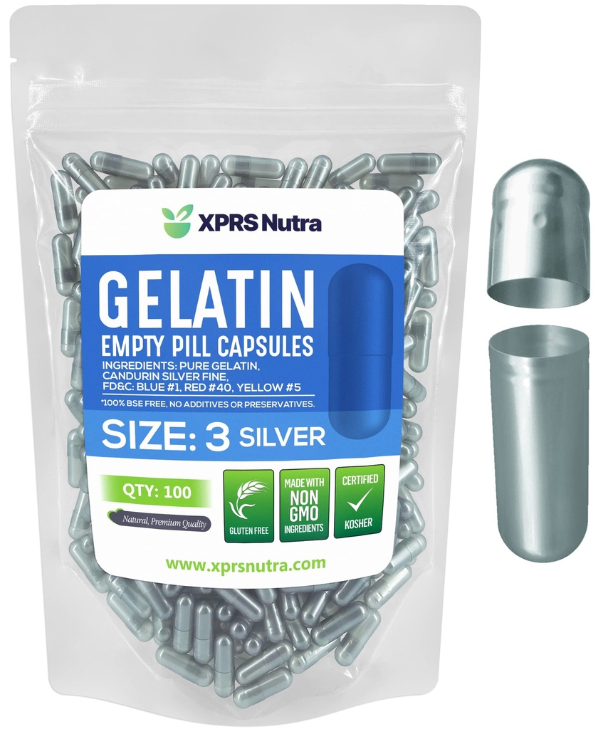 XPRS Nutra velikost 3 prazne kapsule - 100 Štetje praznih kapsul želatina - tablete DIY Kapsule Polnjenje - Čiste goveje tablete Gel caps za Do-it-Yourself Supplements (srebrna)