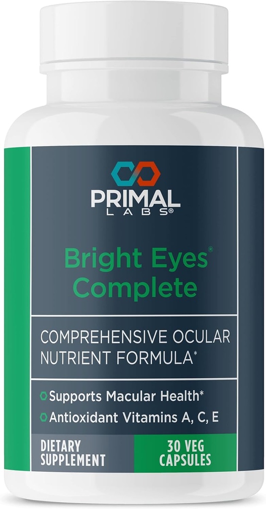 Primal Health Bright Eyes complete - Okular & Macular Health - Clear Vision - Lutein & Zeaksantin Formula - Zdrav vid - Olajša očesni sev iz modre svetlobe - prehranska dopolnila - 30 kapsul