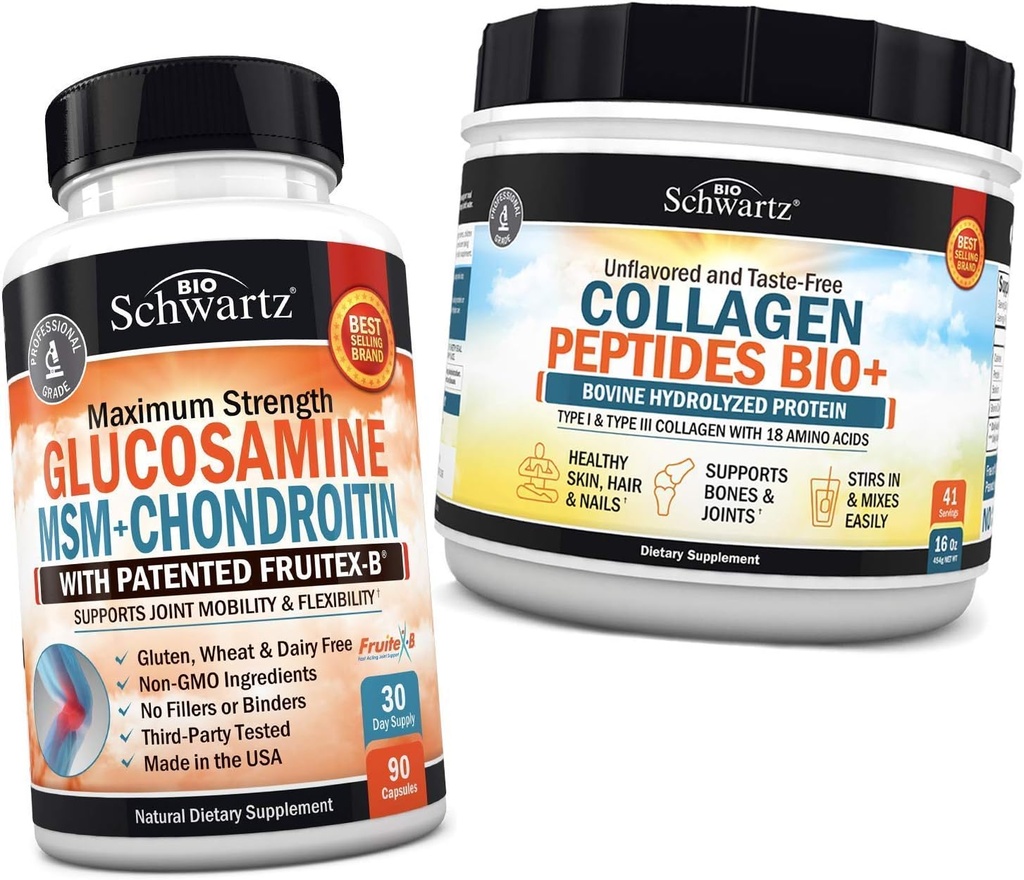BioSchwartz Glukozamin Chondroitin MSM + kolagen peptidi v prahu – zdrava podpora za kosti in sklepe – spodbuja prilagodljivost in podpira kartilažo