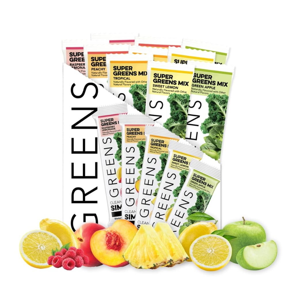 Clean Simple Eats Greens Variety 10 Pack, Greens Powder Mix, Packed with Superfoods Klorella & Spirulina, Vključuje 5 Okusne arome: Peachy, Green Apple, Raspberry Limonade, Sweet Lemon & Tropical