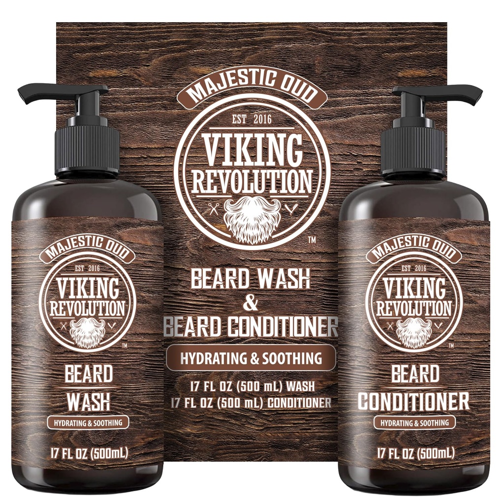 Viking Revolution Beard Wash and Beard Conditioner za moške z arganovim oljem in jojoba olje - Beard Softener in Krepkejši Brada nega Šampon in balzam z Brada olje (17oz, Majestic Oud)