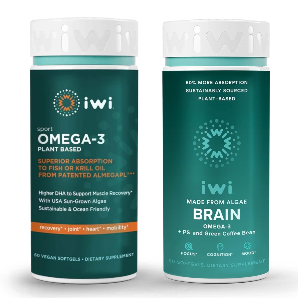 iwi Omega-3 Sport & Brain Omega-3 Bundle, 30 Servings, Vegan rastlin na osnovi Algae Omega 3 z EPA + DHA, Krill & Fish Oil alternativa, brez ribjega pookusa