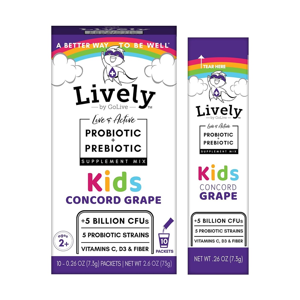 Živo (po GoLive) KIDS CONCORD GRAPE Sinbiotik (Probiotiki+Prebiotiki); 5 kliničnih sevov; +5 milijard CFU-jev. Probiotiki & Prebiotiki KIDS za prebavo, Presnova, Immuniteta. (10 pakiranj)