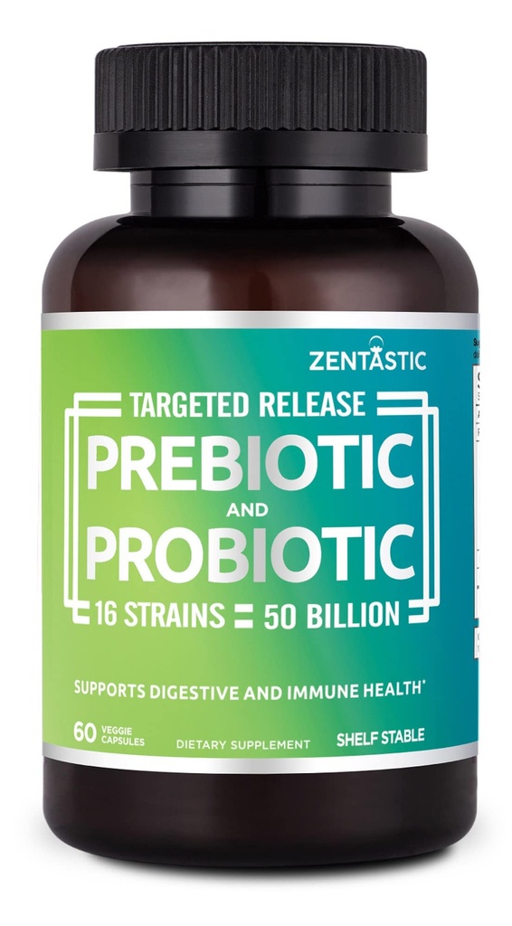 Zentastic Probiotics & Prebiotics Supplement - 50 milijard CFU - za moške in ženske Imunsko in prebavno zdravje - 16 sevi - povoj Stable - 60 Zapoznelo sproščanje Veggie kapsule
