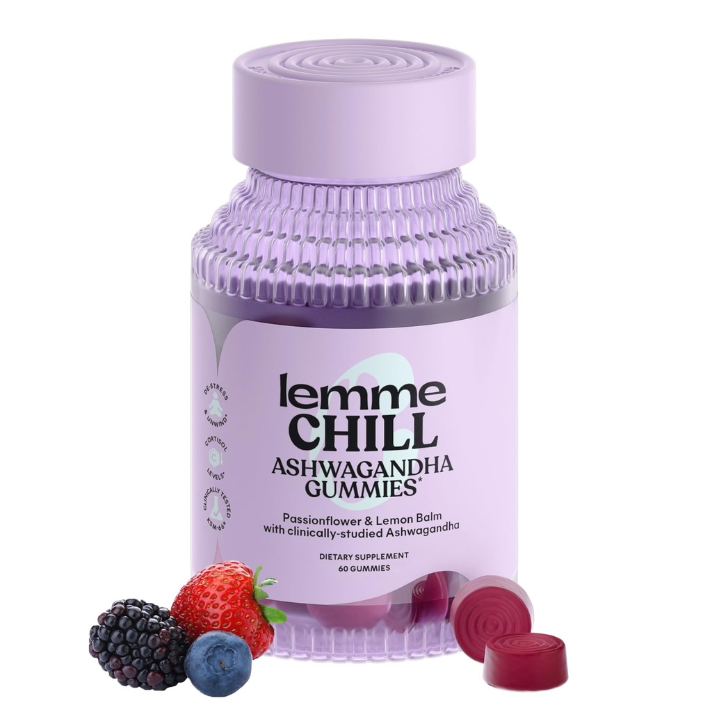 Lemme Chill Stress Relief Gumies z 300mg KSM-66 Ashwagandha, Lemon Balm, Passionflower & Goji za podporo sprostitev, zdravo kortizol & spanje - Gluten-free, Non-GMO, Mešano jagodičevje (60 Count)