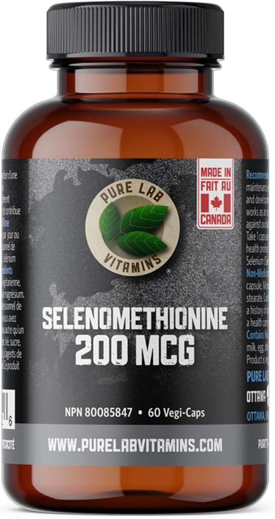 Selen 200mcg Supplement - Selenometionin - 60 v-kap s Pure Lab Vitamins - Gluten Free Made in Canada.
