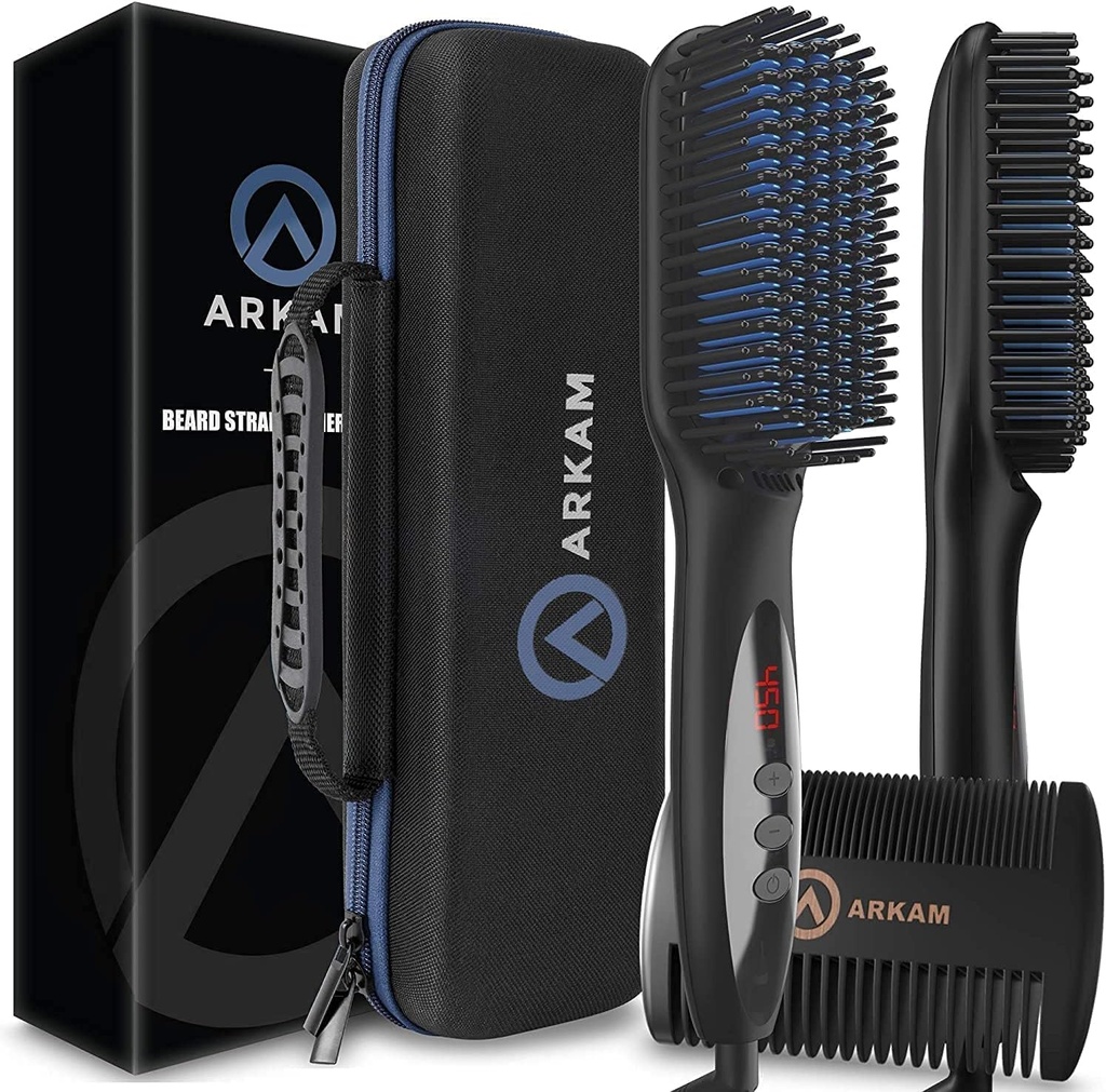 Arkam Beard Ravnalnik za moške - Premium ogrevana Brada Brush Kit w/Anti-Scald Feature, Dual Action Hair Comb in Hard Shell Travel Case za Srednje do dolge brade - Kostumi in Grooming darila za moške