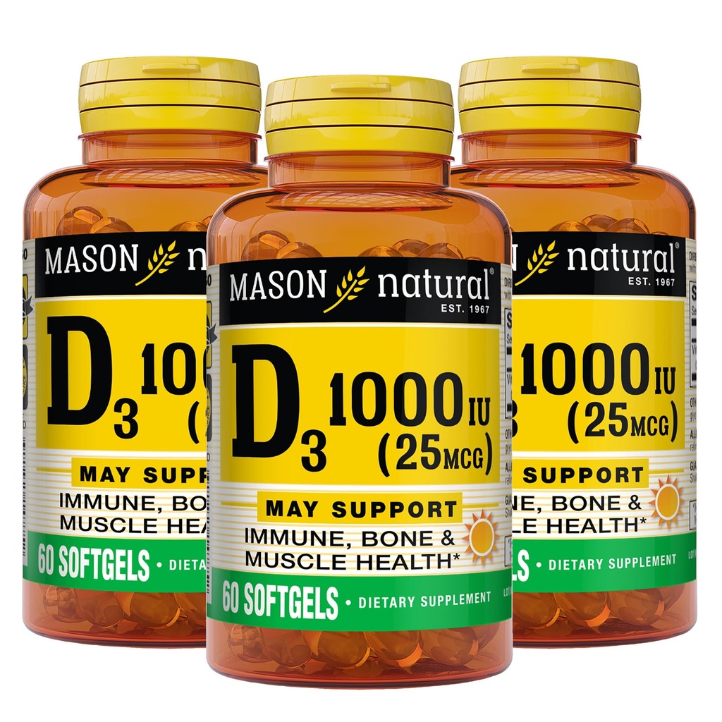 MASON NARAVNI Vitamin D3 25 μg (1000 i.e.), podpora kosti in imunskega sistema iz ribjega jetrnega olja, 60 kapsul (paket s 3)