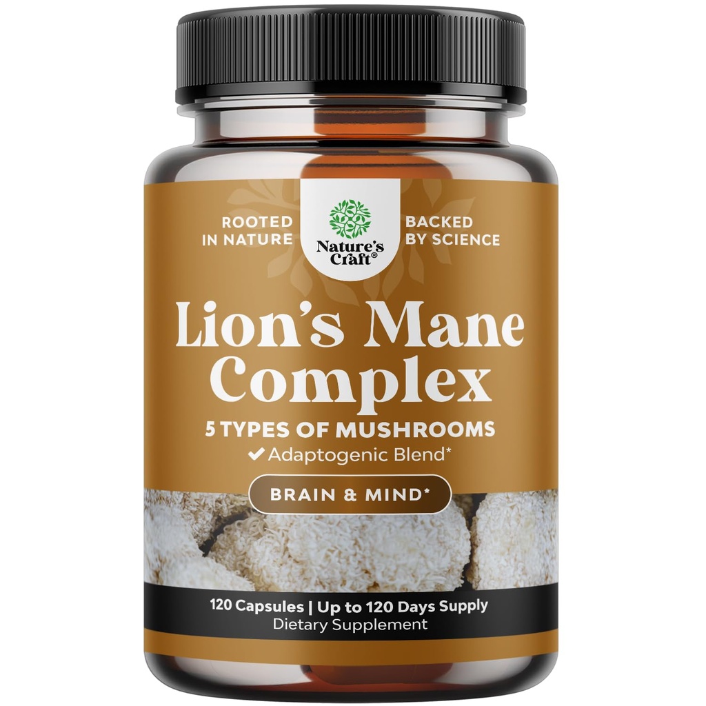 Advanced Lion's Mane Gobe dodatek - Lions Mane dopolnilne kapsule z Reishi, Chaga, Maitake & Shiitake za spomin na zdravje možganov in fokus - Nootropic za mentalno jasnost - 120 Caps