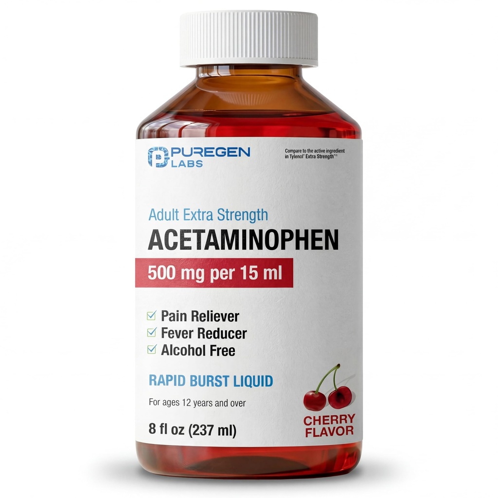 Puregen Labs Adult Extra Jakost Acetamolfen Liquid 500mg/15ml - 8 fl oz Rapid Burst Pain Reliever/Fever Reducer, Cherry Flavor 