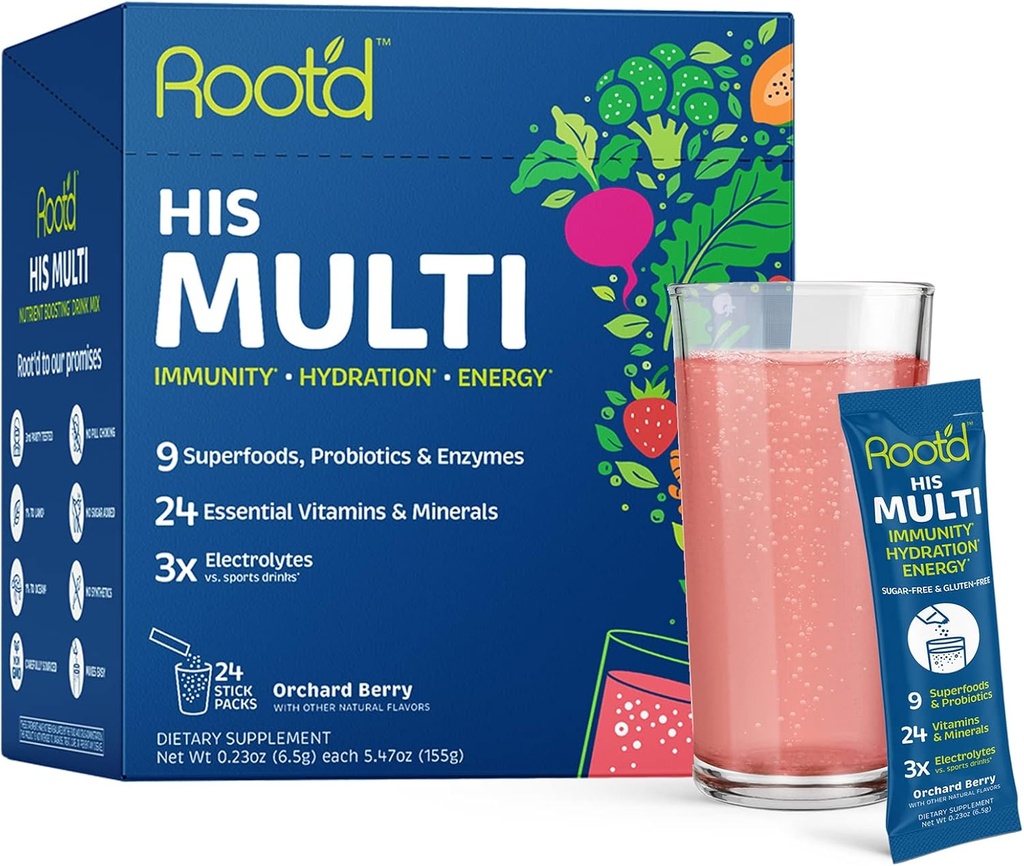 Root'd Multivitaminski prašek s 3X Elektroliti za moške - 24 Vitamini in minerali, 3X Elektroliti, 9 Organska superhrana, probiotiki in encimi, Sugar-free Multivitamin & Hidracija 