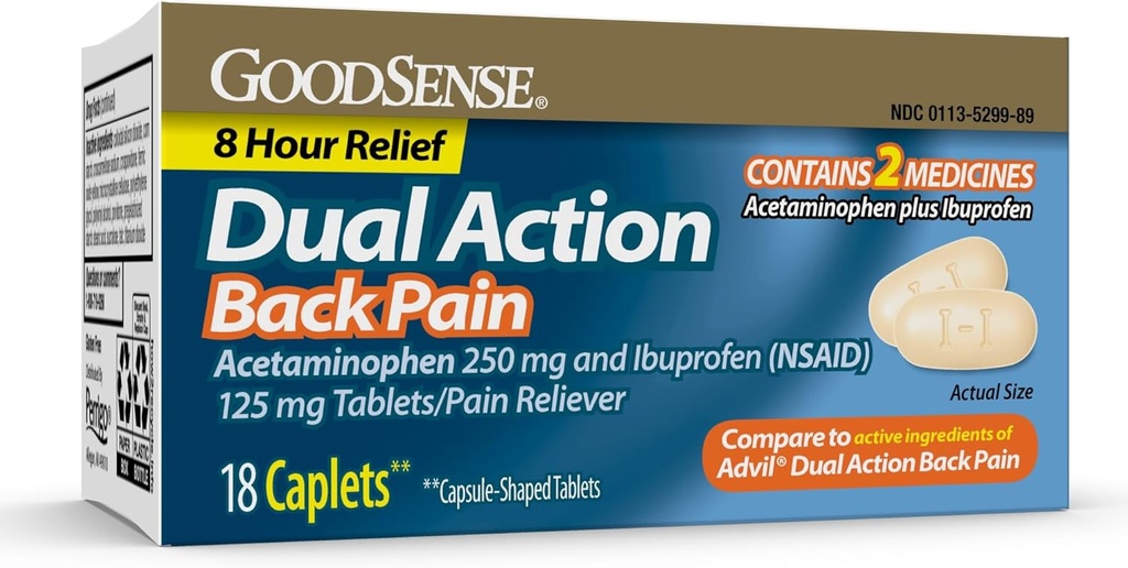 Tablete GoodSense dual action acetaminofen in Ibuprofen (NSAID), 250 mg/125 mg, bolečina v hrbtu, 18