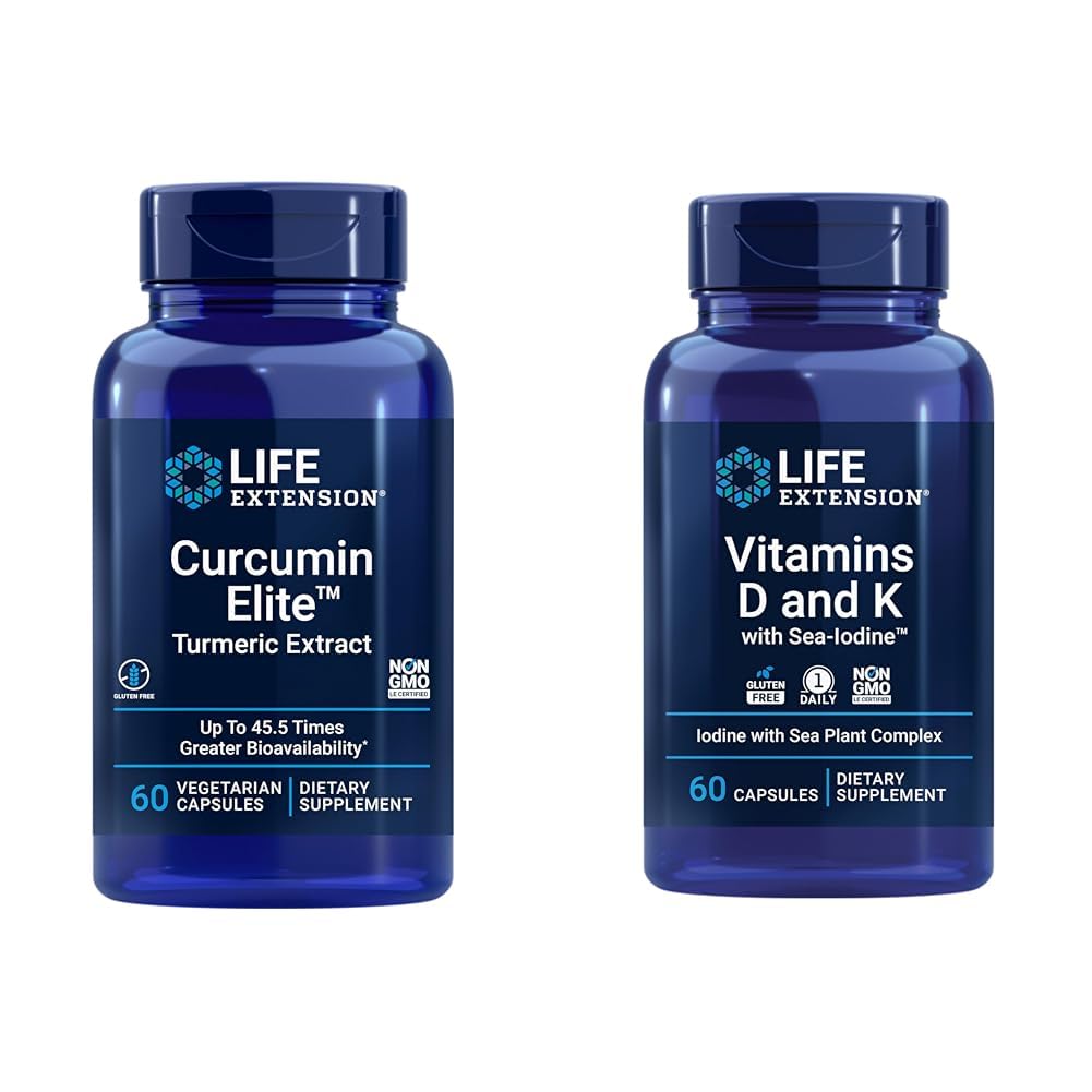 Life Extension Curcumin Elite Turmeric Extract, spodbuja zdravo vnetni odziv in vitamini D in K z morskim jodom, vitaminom D3, vitaminom K1 in K2
