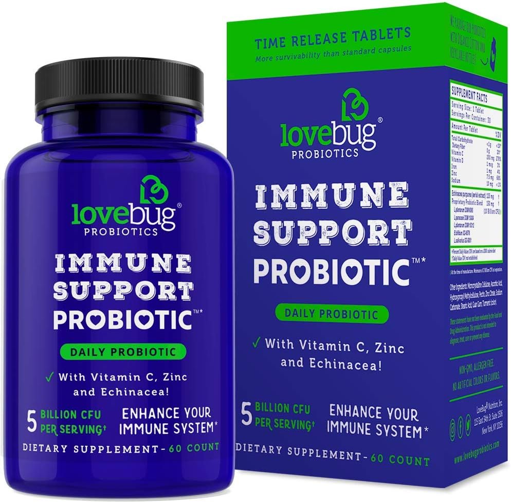 lovebug PROBIOTICS Imunska podpora Dnevni probiotik za moške in ženske, 40 milijard CFU & 6 sevov, vključuje vitamin C, cink in ehinacea, 30 kapsul, vegan in ne-GMO
