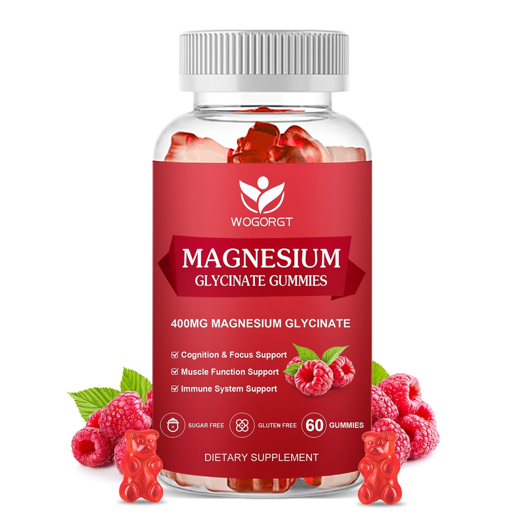 400mg Magnezijev Glicinat Gumies z 200mg magnezijevega malata, vitamin D, B6 in CoQ10, Magnezijev Glicinat dodatek za sprostitev in kognicijo, sladkor brez, malina aroma - 60 Gumies