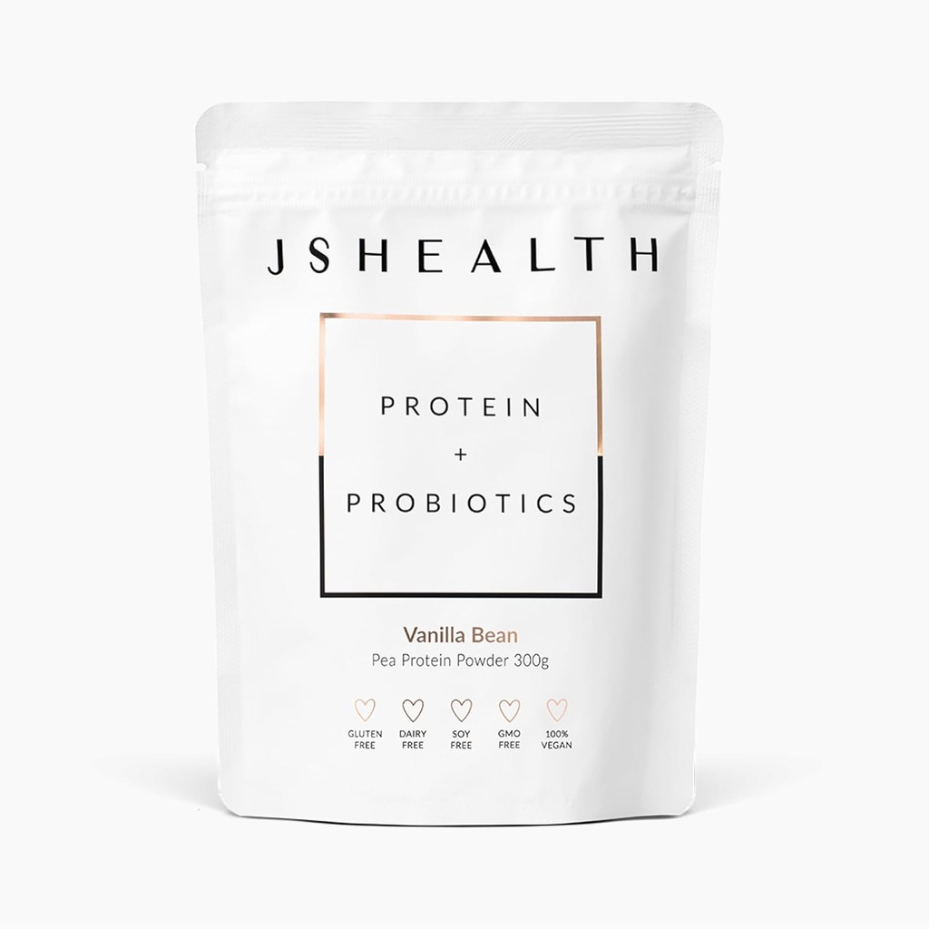 JShealth Vegan Pea Protein Powder with probiotics - aroma vanilije brez glutena, brez GSO, mešanica beljakovin na osnovi rastlin, 300g