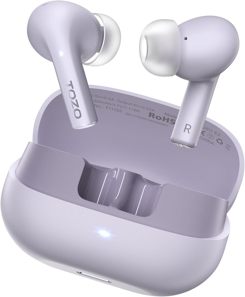TOZO E2 Brezžične slušalke z 2 mikrofoni AI Odpoved klica, 10mm vozniki z zmogljivo bas, App Prilagodite 32 EQs, 30H Playtime, Bluetooth 5.3 Ušesni Budi, Comfort Fit in-Ear slušalke