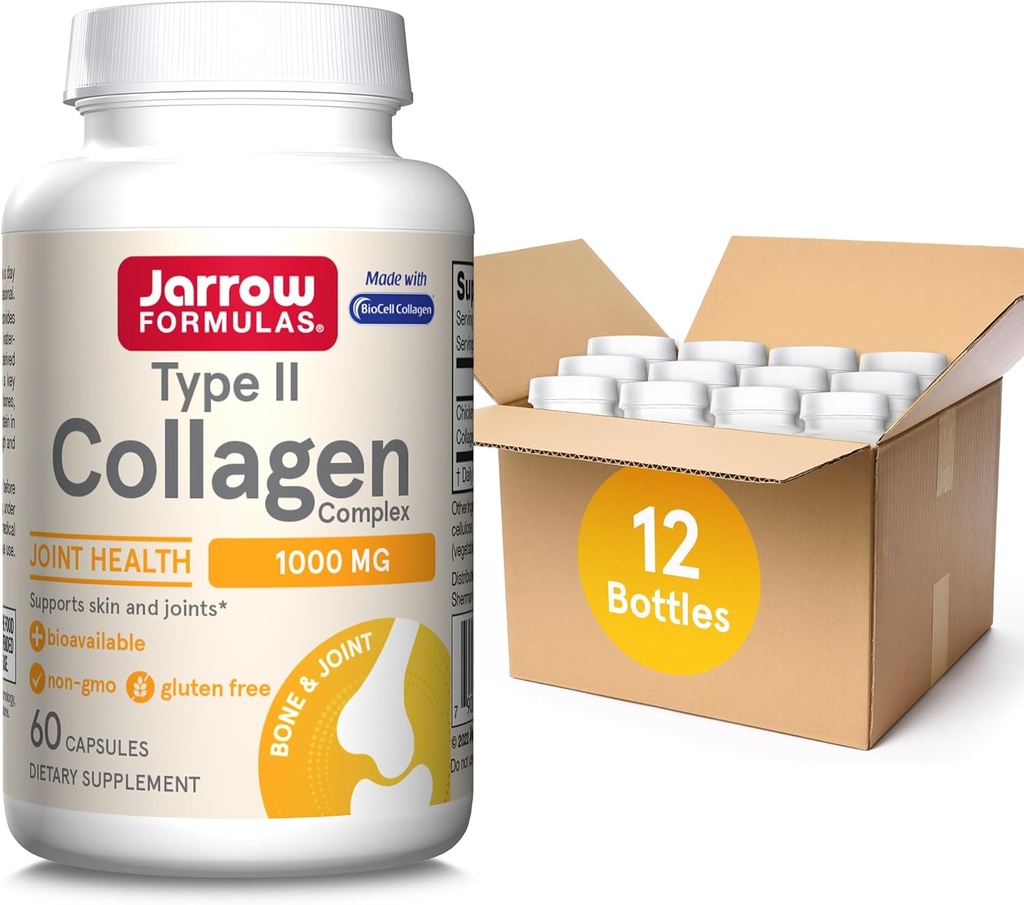 Jarrow Formule tipa II Kolagen Complex 1000 mg dopolnila, Podpira kožo in skupno zdravje, 60 kapsul, 30 dnevna dobava(Pack of 12)