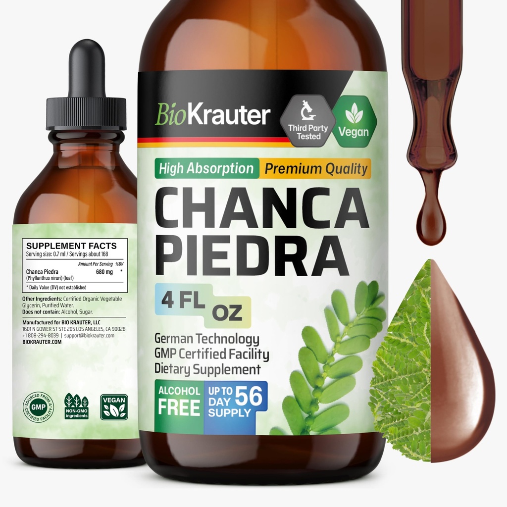 BIO KRAUTER Chanca Piedra Tinkture - Naravna Ledvična zdravstvena podpora Liquid - Chanca Piedra Stone Breaker & Gallbladder Cleanse Formula - Vegan, Alkohol & Sladkor Brez kapljic - 4 oz