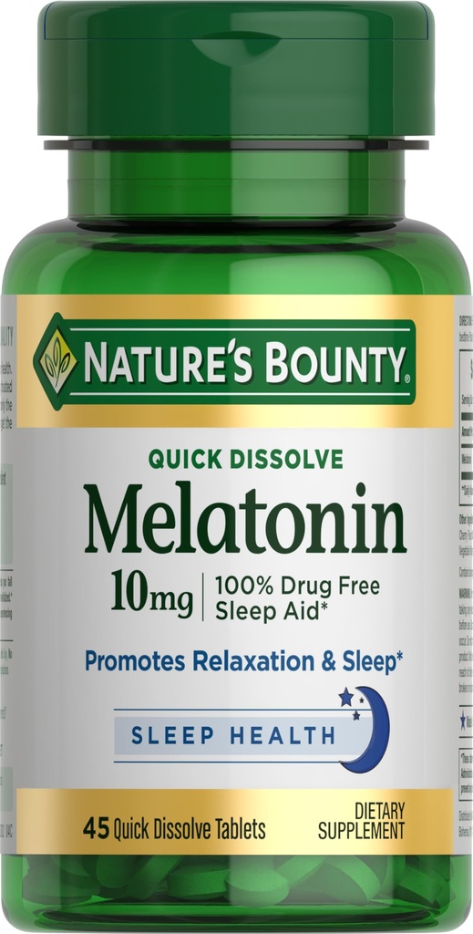 Bounty melatonin narave, 100% brez drog pomoč za spanje, prehranska dopolnila, spodbuja sprostitev in spanje zdravje, 10mg, 45 Hitro raztopi tablete