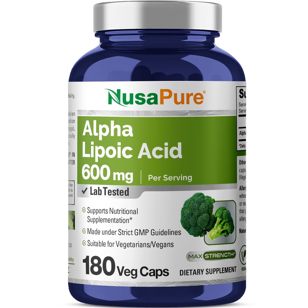 NusaPure alfa lipojska kislina 600 mg na odmerek 180 Veggie kapsul (vegetarijanska, ne-GMO, veganska)