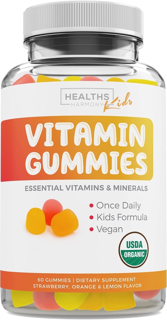 USDA Organic Kids Vitamin Gummies (Non-GMO) Okusi naravnega sadja - Popolni otroci Multivitaminski Gummi: Vitamin C, D, B, A, cink - Dodatek za energijo, Mood, Imunska podpora - 60 Gummy Vitamini