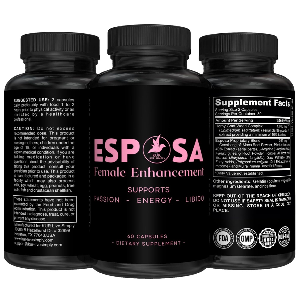 Esposa Female Libido Booster za ženske – Reignite pasijo, povečanje energije in občutljivosti, Boost Mood & želja – Izdelano v ZDA Naravni ženski izboljšanje tablete s Horny Koz plevel – 60 kapsul