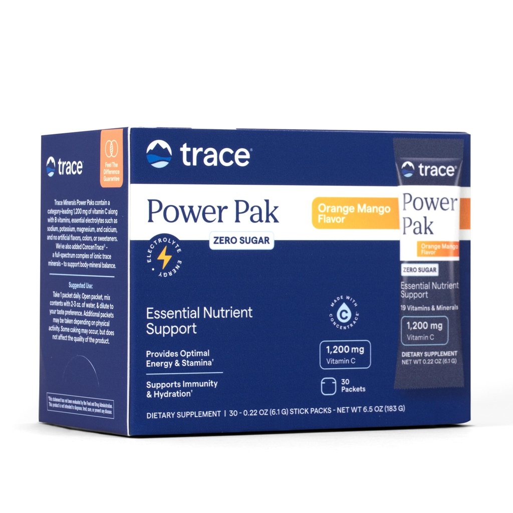 Trace Minerali Power Pak Multivitaminski in multimineralni paketi - podpora za elektrolite - 1200 mg Vitamin C Plus 70 Brez sladkorja - Oranžna mango aroma - 30 Packets
