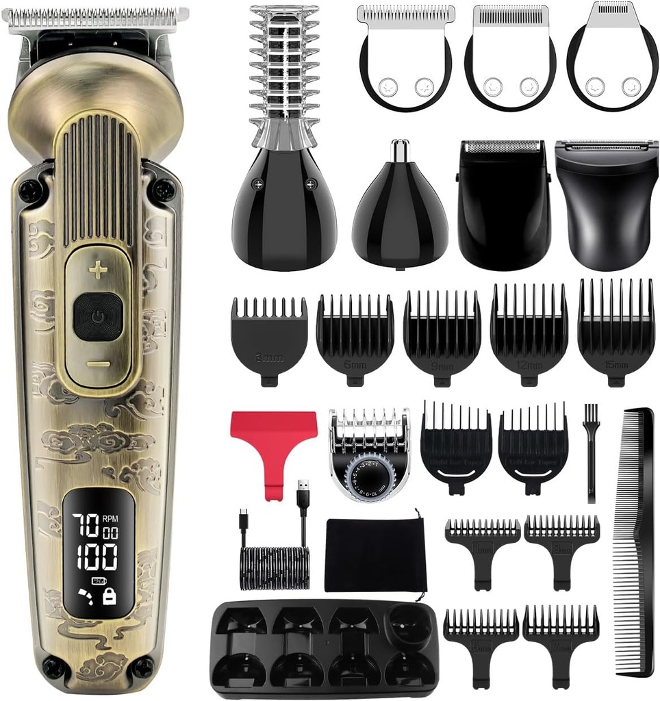 Hatteker Beard Trimmer Mustache Trimmer za moške 8 v 1 Nastavljiva hitrost vodoodporni Clipper las T-Blade Electic Razor Shavers Akumulators Mens Darilni komplet z obraz nos telo (Bronze)