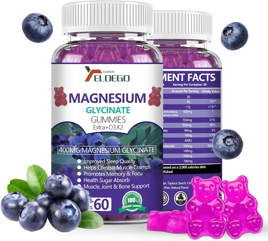 Magnezij Gumies 600mg na Serving-Magnesium Glycinate 400mg in Magnezijev Malate 200mg, Extra K2 & D3, visoka absorpcija Magnezij Dodatek za spanje, Stress Relief, Živčna podpora, borovnice(60 CT)