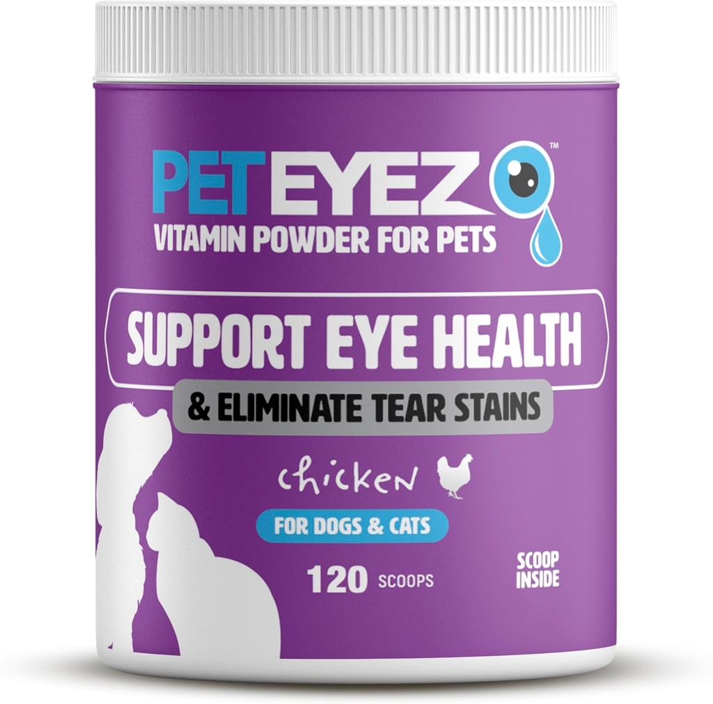Pet Eyez Vitamin v prahu za hišne živali - Podpira zdravje oči in zmanjšuje razjeda Stain Building - 100% naravna hrana Topper za pse in mačke s super hrano, antioksidanti in hranila - piščančje arome - 120 Scoops