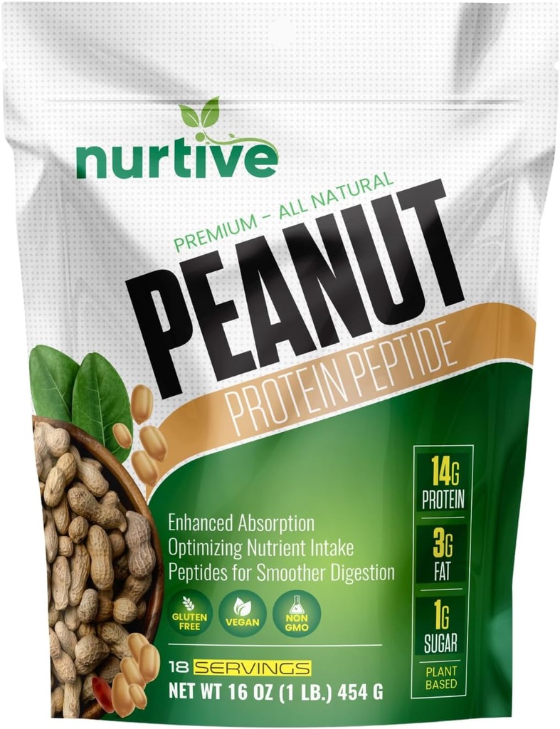 Peanut Protein Peptide Powder - na rastlinah temelječe, bogato z hranili in vlakni - Idealno za športnike in športnike - Okrepljena topnost in absorpcija - 18 Servingov (16 oz / 454 g)