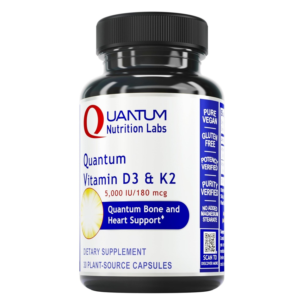 Quantum Nutrition Labs Vitamin D3 in K2 dodatek - Podpora za zdravje kosti in srca za ženske in moške, 5000 i.e., veganski vitamini, omogoča absorpcijo kalcija, Gluten-free - 30 rastlinskih kapsul
