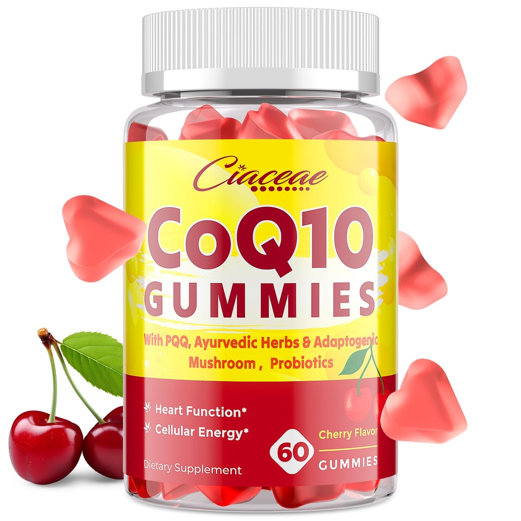 CoQ10 Gumiji s PQQ - 400 MG Koencim Q10 Visoka moč, Okrepljen z ajurvedskimi zelišči, Adaptogene gobe Mešanica in probiotiki za srce, možgane, energijo, Immuniteta, Cherry Flavor, 60 Vegan Gumies