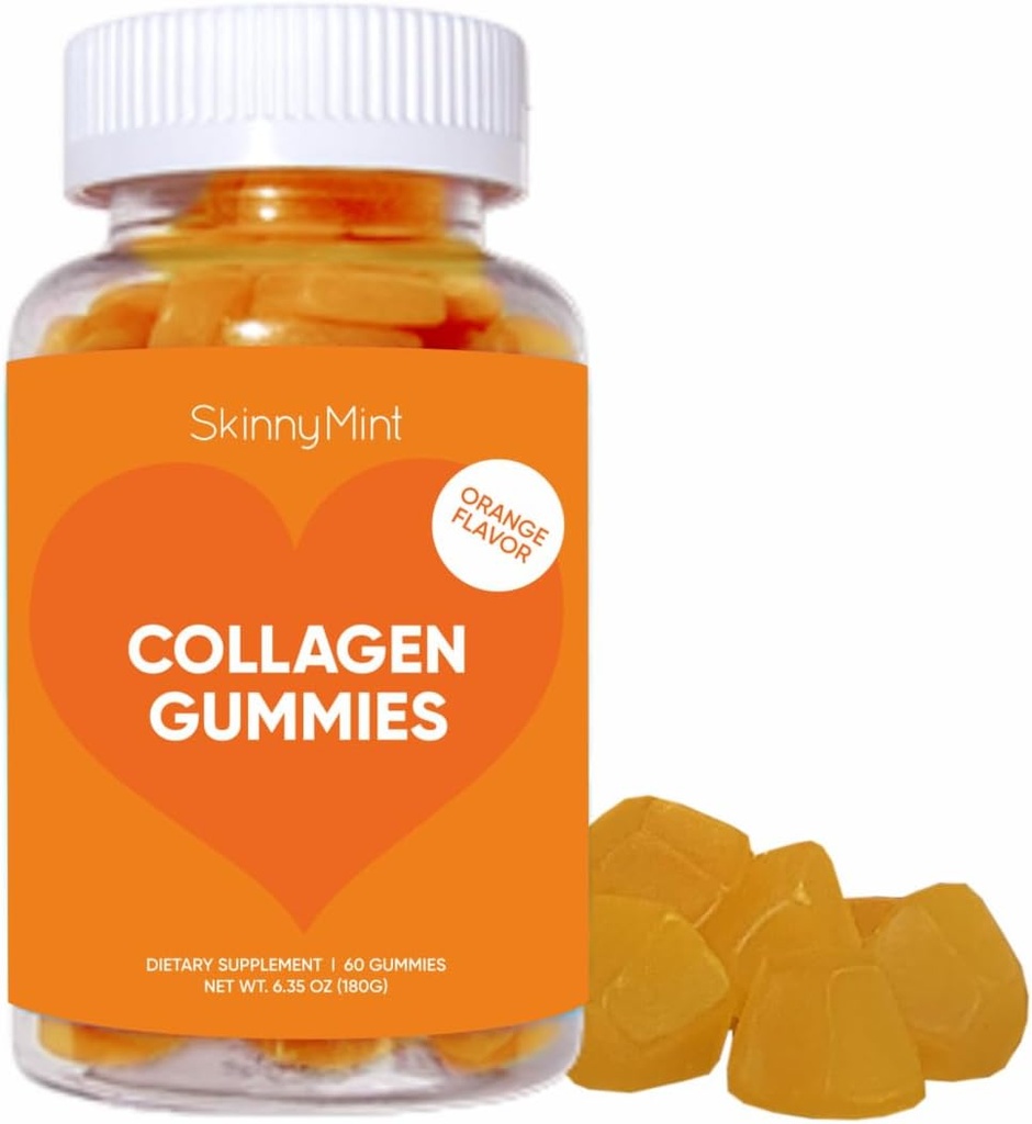 SkinnyMint Colagen Gumies Supplement za zdravo kožo, nohti in podporo za lase, Gluten prost kolagen žvečljivi gumiji za moške in ženske, Natural Orange Flavor -60 Count(180G)- 1 Mesec dobave