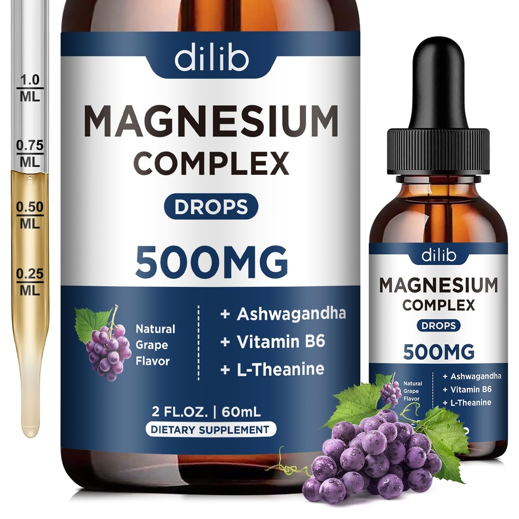 Magnezij Glycinate tekoče kapljice, Magnezij Glycinate dodatek 500mg s Citrat, Malate, Ashwagandha, L-Theanin, Vitamin B6 za spanje, Stress Relief, kosti, mišice, Mood, Grozdni okus 2 Fl Oz