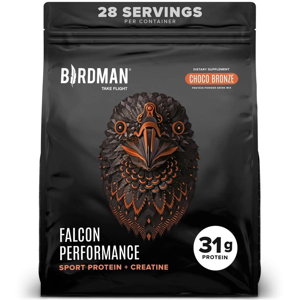 Birdman Falcon Performance Vegan Protein Powder, 31g Beljakovine, 5g Kreatin, 5g BCAA, Probiotiki, Elektroliti, Pred vadbo, Nizki ogljikovi hidrati, Brez sladkorja in mleka, Rastlinski čokoladni proteini, 28 obrokov