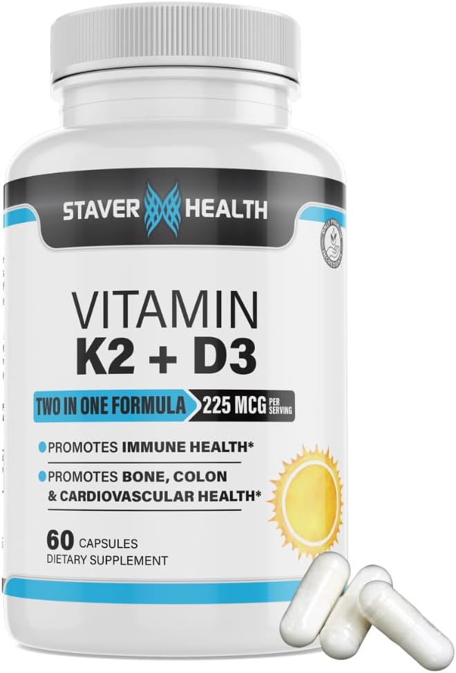 Vitamin K2 D3 w/kalcij in bioperin, vitamin K2 (MK7) z D3 dopolnilom ne-GMO, vitamin D3, vitamin K2 MK-7 Preprosto pogoltniti vitamin D & K kompleks, 60 kapsul