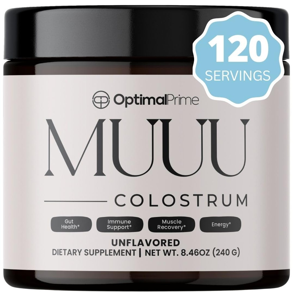 Optimal Prime - MUUU Goveji kolostrum dopolnilo in Superfood prašek za zdravje, napihnjenost, imunske podpore, las, kože in nohtov brez arome, 120 Serving