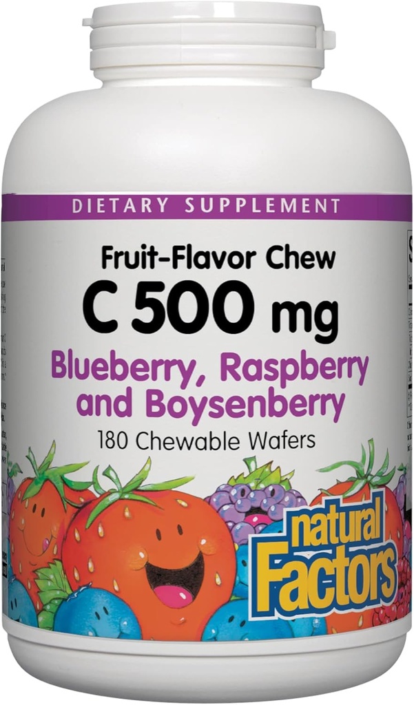 Naravni dejavniki, Otroci Žvečljivi Vitamin C 500 mg, Podpira Imunsko zdravje, Kosti, Zobje in Gumi, Borovnice, Malina in Boysenberry, 180 Število (Pack od 1)