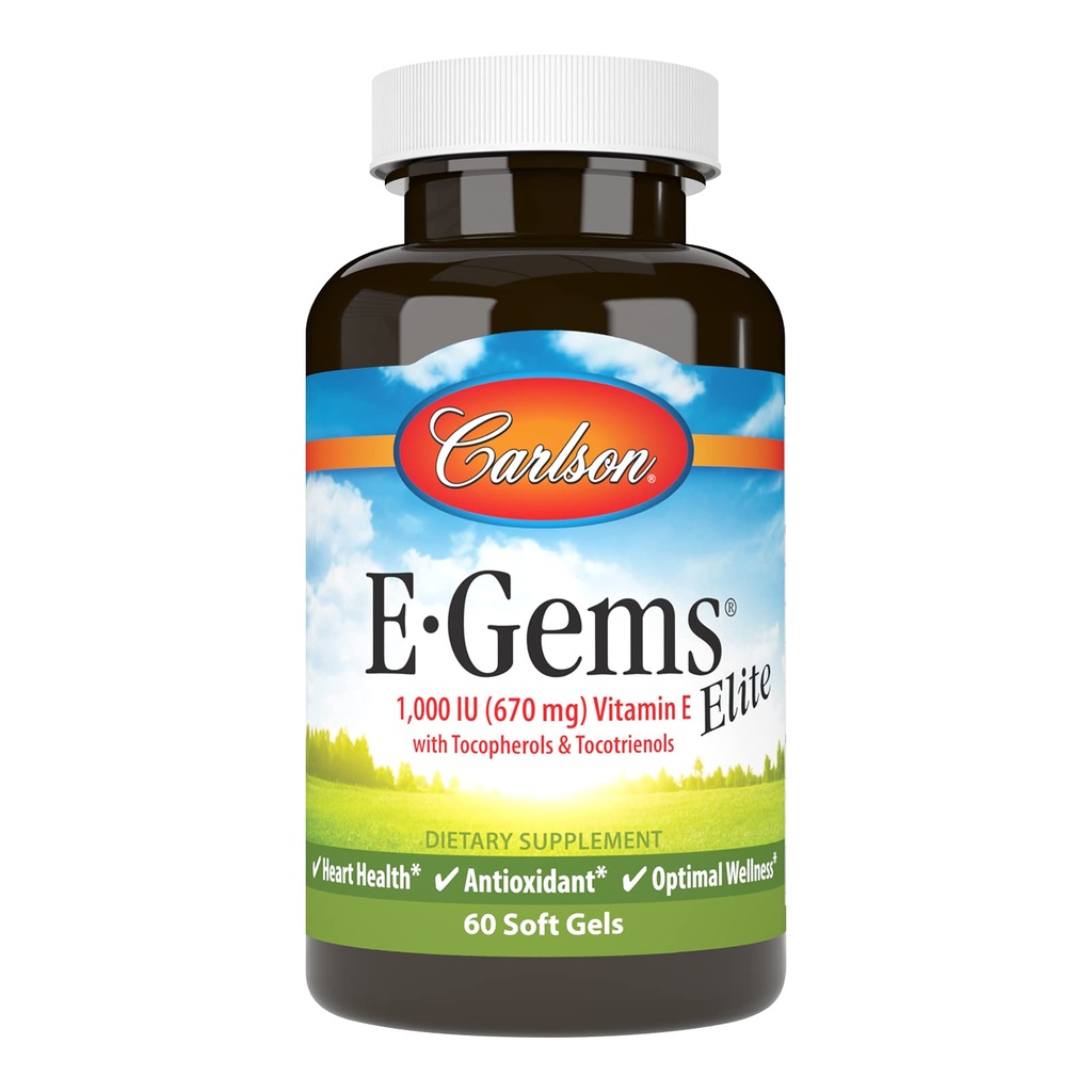 Carlson - E-Gems Elite, 1000 i.e. (670 mg) Vitamin E s tokoferoli in tokotrienoli, Optimalna Wellness, 60 Softgels