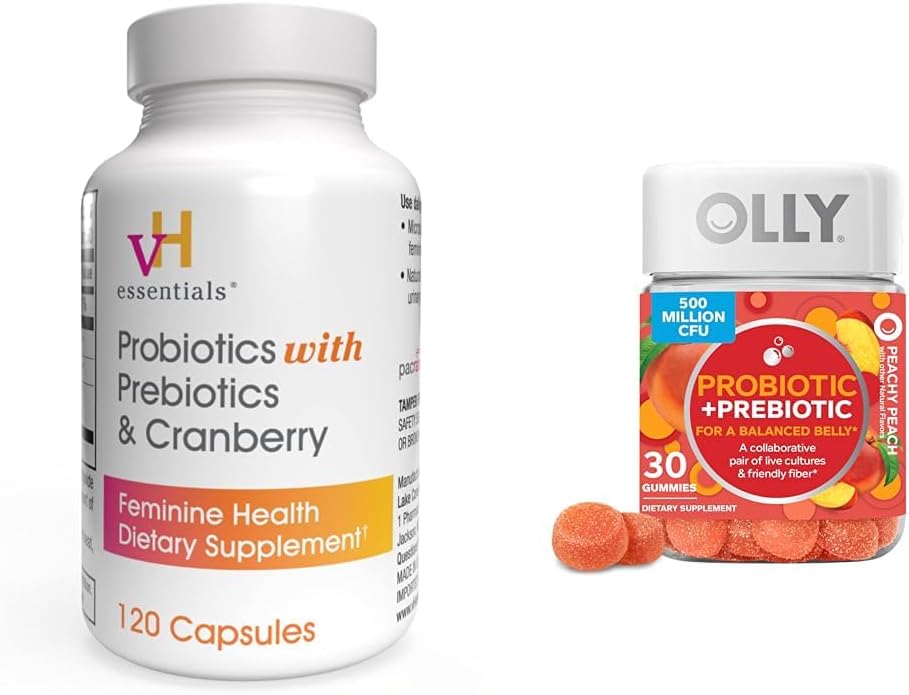 vH esencials Probiotiki s prebiotiki in brusnice Feminine Health kapsule paket z OLY Probiotic + Prebiotic Gummy Pregestive in Gut Health Žvečljivi dodatek