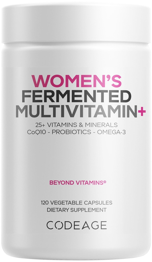 Kode Ženske Daily Multivitamin, 25+ Vitamini in minerali, Fermentirana, Organska cela živila, Probiotiki dodatek - Vitamin A, B, C, D, E & K, Omega 3, Cink – Vegan - 120 Kapsule