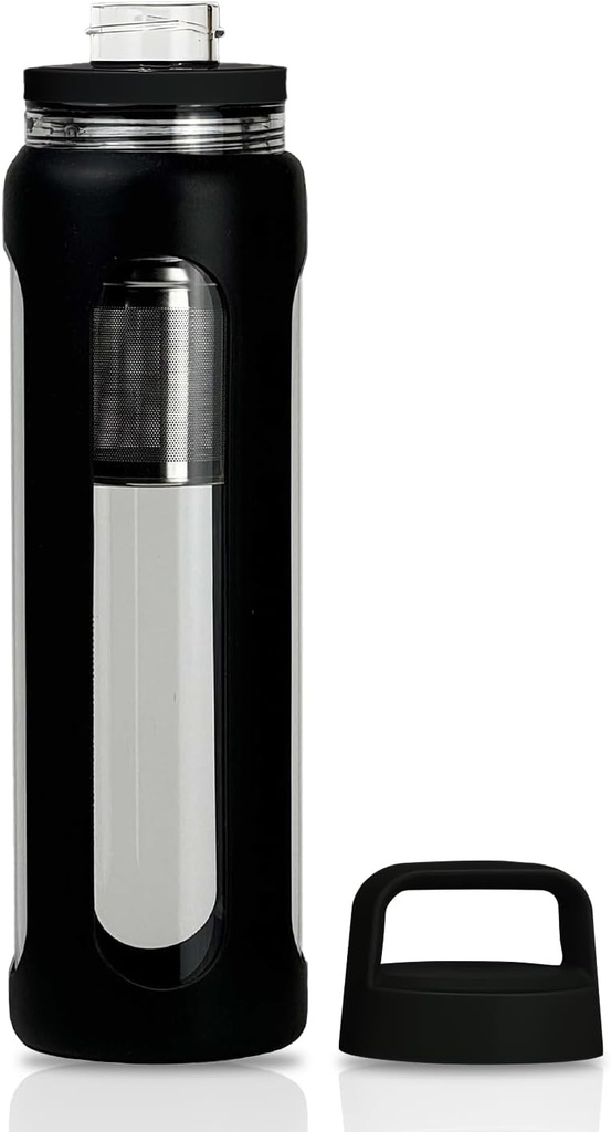 20oz Steklena steklenica vode s silikonskim rokavom, 600ml Mug z 2 Tier Lid (Wide usta in majhna usta naravnost pitje) s steklenico čajnega lijaka - Gim Joga na prostem dejavnosti (črna)