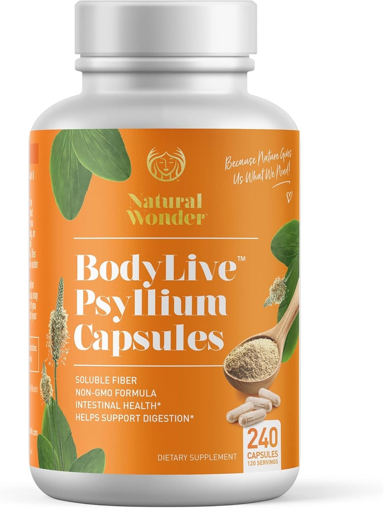 BodyLive Psyllium Husk Fiber Capsule Non-GMO 725mg, 240 Capsules (1450mg/serving, 120 Servings) Supplement for Colon Cleanse, Regularity, Healthy Digestion, Prebiotic, Laxative, Heart Health