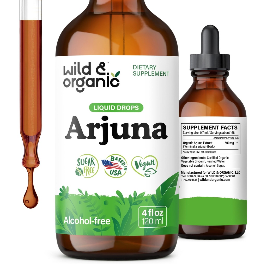 Wild & Organic Arjuna Bark Tinkcture - Skupni dodatek za dobro počutje - tekoče kapljice brez alkohola - Terminalia Arjuna Bark Extract - Brez sladkorja in dodatkov, Non-GMO - 4 fl oz