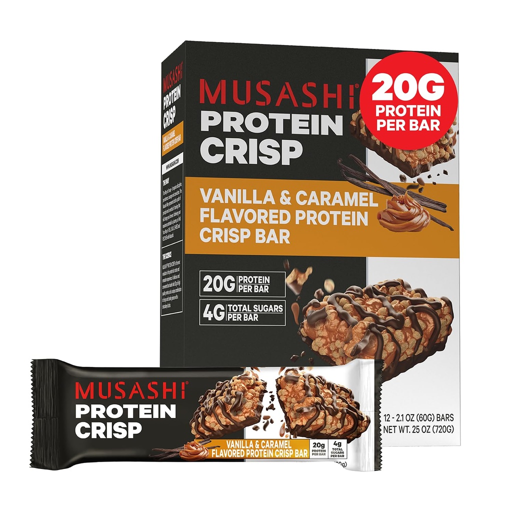MUSASHI Protein Crisp Bar, 20g beljakovine, 4g skupni sladkorji, Vanilla & Caramel, Post Workout in prigrizek na Go, 12 Pack of 2.1oz (60g) Bari