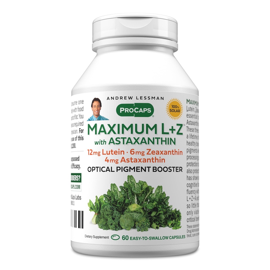 ANDREW LESSMAN Največ L+Z z Astaksantin 60 Softgels - 12mg Lutein, 6mg Zeaksantin, 4mg Astaksantin. Ključne hranila za podporo zdravje oči in možganov, in spodbujanje zdravega vida.