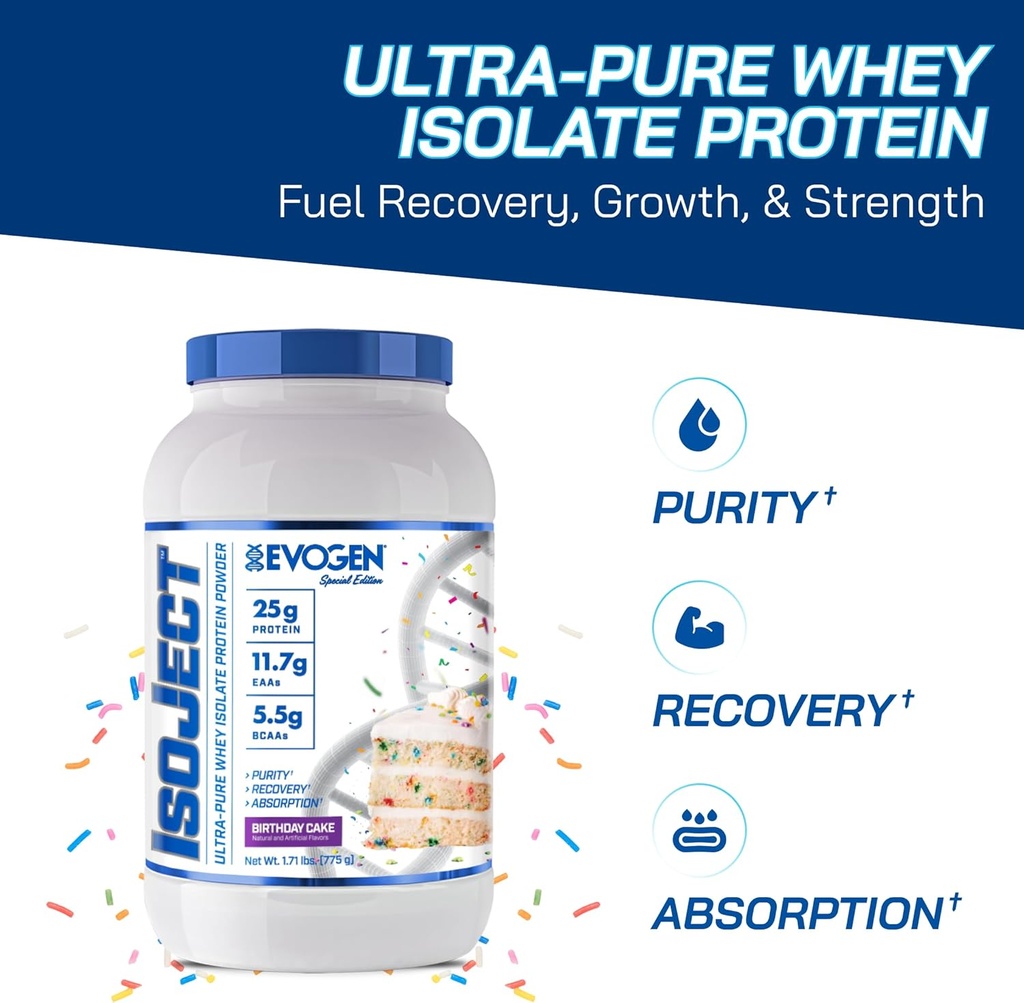 Evogen Isoject - Whey Protein Isolate | Ultra-Pure Whey Protein Powder with Ignitor Enzymes, BCAAs, and EAAs | Enhanced Absorption & Recovery | Birthday Cake | 25 Servings